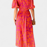 Vestido Midi Floral Wren con Escote en V y Mangas Abullonadas