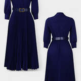 Vestido Midi Michelle con Cuello Estructurado y Cinturón Plisado