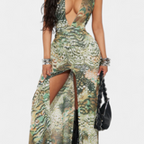 Vestido Largo Halter de Encaje Zephyra con Abertura