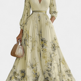 Vestido Maxi de Chifón Plisado Phaedra con Mangas de Globo