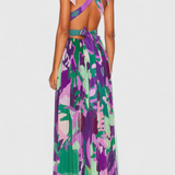 Vestido Plisado Cecil con Estampado Acuarelado y Espalda Abierta