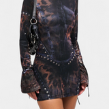 Vestido Mini Tabea con Mangas Acampanadas y Estampado Ilusorio
