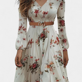 Vestido Maxi Amanda Floral con Escote en V y Mangas Largas