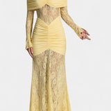 Vestido Maxi Bruma de Encaje con Volantes Sin Tirantes