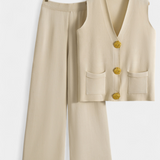 Conjunto Jacey de Punto con Chaleco y Pantalones de Pierna Ancha