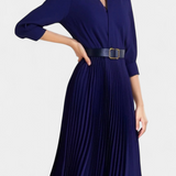 Vestido Midi Michelle con Cuello Estructurado y Cinturón Plisado
