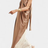 Vestido Maxi Irregular de Bloques de Color Rebecca con Espalda Abierta
