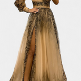 Vestido Maxi de Chiffon Becca con Un Hombro y Flor Voluminosa