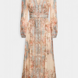 Vestido Maxi Acampanado Dorotila con Estampado Floral, Botones y Mangas Globo
