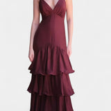 Vestido Maxi Atlana Burdeos con Volantes en Capas