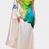 Vestido Largo Asimétrico Beryl con Una Manga y Estampado Moderno