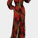 Vestido Maxi Plisado Quintessa con Mangas Largas y Estampado Vibrante