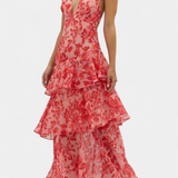 Vestido Domenica de Chiffon con Escote en V y Capas Fluidas