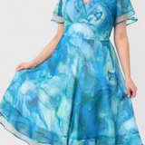 Vestido de Chifón Almira Azul con Estampado Acuático