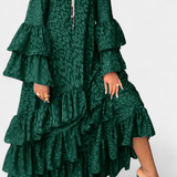 Vestido Maxi Asimétrico Eliselle con Volantes y Mangas de Campana