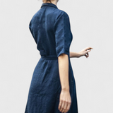 Vestido Midi Vintage Sharon en Algodón y Lino con Cuello Solapa