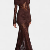Vestido Maxi Bruma de Encaje con Volantes Sin Tirantes