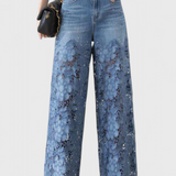 Pantalones Palazzo de Denim con Encaje Bordado Floral Jasiel