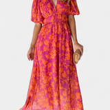 Vestido Midi Floral Wren con Escote en V y Mangas Abullonadas