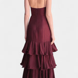 Vestido Maxi Atlana Burdeos con Volantes en Capas