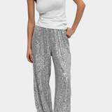 Pantalones de Lentejuelas de Cintura Alta Elva con Corte Relajado