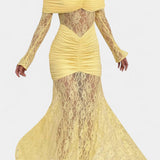 Vestido Maxi Bruma de Encaje con Volantes Sin Tirantes