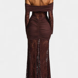 Vestido Maxi Bruma de Encaje con Volantes Sin Tirantes