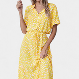 Vestido Midi Rovena con Lunares, Cuello Camisa y Cintura Ajustable