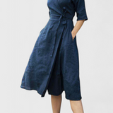Vestido Midi Vintage Sharon en Algodón y Lino con Cuello Solapa