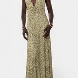 Vestido Maxi de Lunares Melody con Cuello Halter y Cintura Fruncida