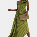 Vestido de Cóctel Asimétrico Leire con Apliques Florales y Falda Plisada