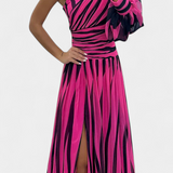 Vestido Maxi Elegante Bethania con Un Hombro y Rayas