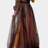 Vestido Maxi de Chiffon Becca con Un Hombro y Flor Voluminosa