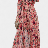 Vestido Maxi Floral Keti con Mangas Largas y Delicados Volantes
