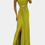 Vestido Maxi Plisado Shiloh con Abertura Lateral y Escote Cruzado