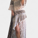 Vestido Floral Ruth Largo con Mangas 3/4 y Paneles con Volantes
