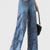 Pantalones Palazzo de Denim con Encaje Bordado Floral Jasiel