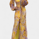 Vestido Maxi Plisado Quintessa con Mangas Largas y Estampado Vibrante