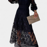 Vestido Midi Lucinda de Encaje con Mangas Abullonadas y Cuello Alto