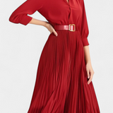 Vestido Midi Michelle con Cuello Estructurado y Cinturón Plisado