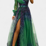 Vestido Maxi de Chiffon Becca con Un Hombro y Flor Voluminosa