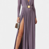 Vestido Largo Plisado Raisa con Escote en V Profundo