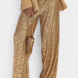 Pantalones de Lentejuelas de Cintura Alta Elva con Corte Relajado