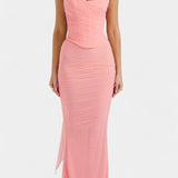 Vestido Maxi de Malla Blair con Corsé Fruncido