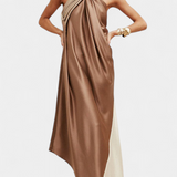 Vestido Maxi Irregular de Bloques de Color Rebecca con Espalda Abierta