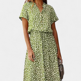 Vestido Midi Rovena con Lunares, Cuello Camisa y Cintura Ajustable