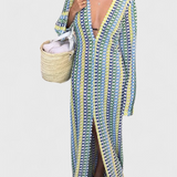 Vestido Largo Impreso Crisanta con Olas Multicolores y Mangas Largas