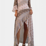 Vestido Floral Ruth Largo con Mangas 3/4 y Paneles con Volantes