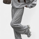 Pantalones de Lentejuelas de Cintura Alta Elva con Corte Relajado