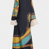 Vestido Maxi Retro Kiara con Flecos de Plumas